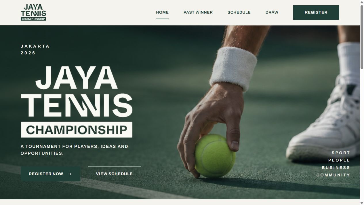 Jaya Tennis Championship website with a green tennis hero, schedules, draws, and registration